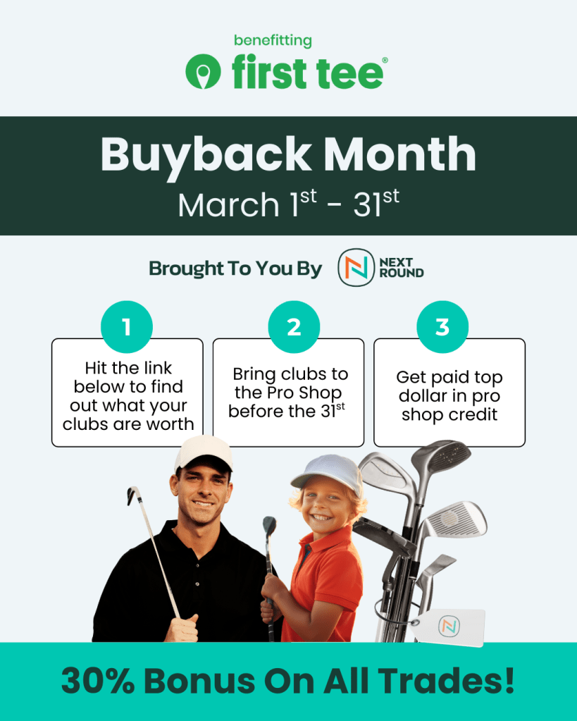 Flyer promoting Buyback Month at Honey Run during March 2026. This is a special opportunity to upgrade your gear by trading-in your old clubs at the best rates in the industry.