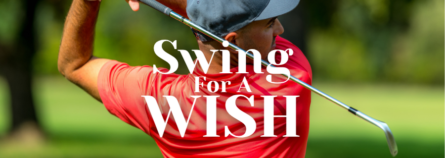 Golfer in a red shirt swinging a golf club on a green course with the text “Swing for a Wish.”